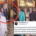 La ministra Ione Belarra durante el besa manos de la fiesta nacional, junto al tweet en el que critica a la jefatura de Estado