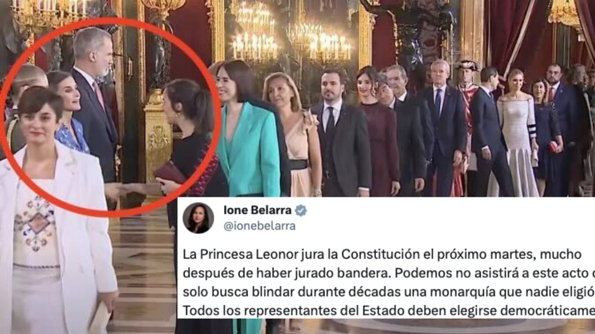 La ministra Ione Belarra durante el besa manos de la fiesta nacional, junto al tweet en el que critica a la jefatura de Estado