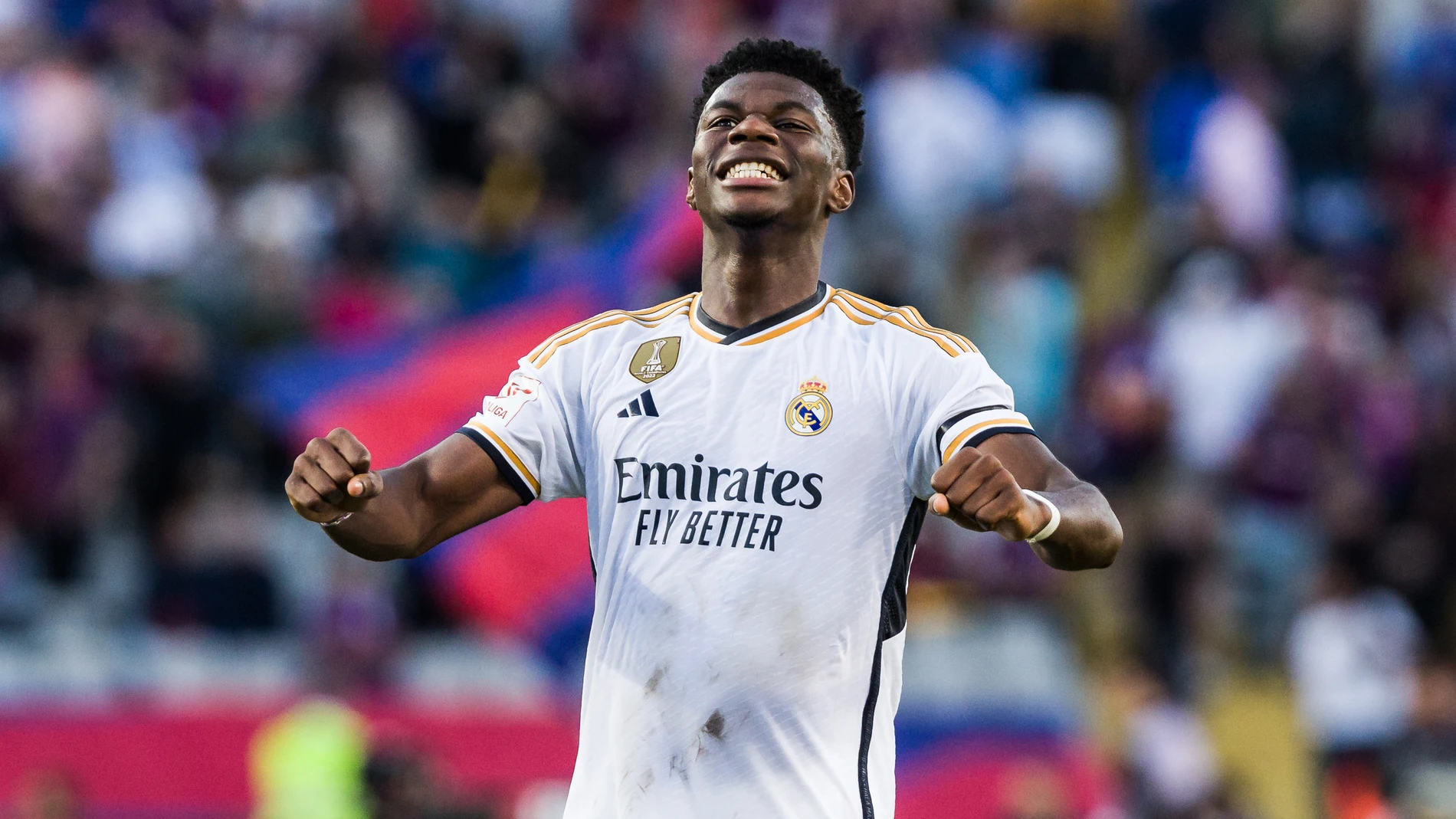 Aurelien Tchouameni of Real Madrid celebrates the victory during the Spanish league, La Liga EA Sports, football match played between FC Barcelona and Real Madrid at Estadi Olimpic on October 28, 2023 in Barcelona, Spain. AFP7 28/10/2023 ONLY FOR USE IN SPAIN