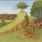 atalla de Roncesvalles en 778. Muerte de Roldán, en las Grandes Crónicas de Francia, ilustradas por Jean Fouquet, Tours, hacia 1455-1460