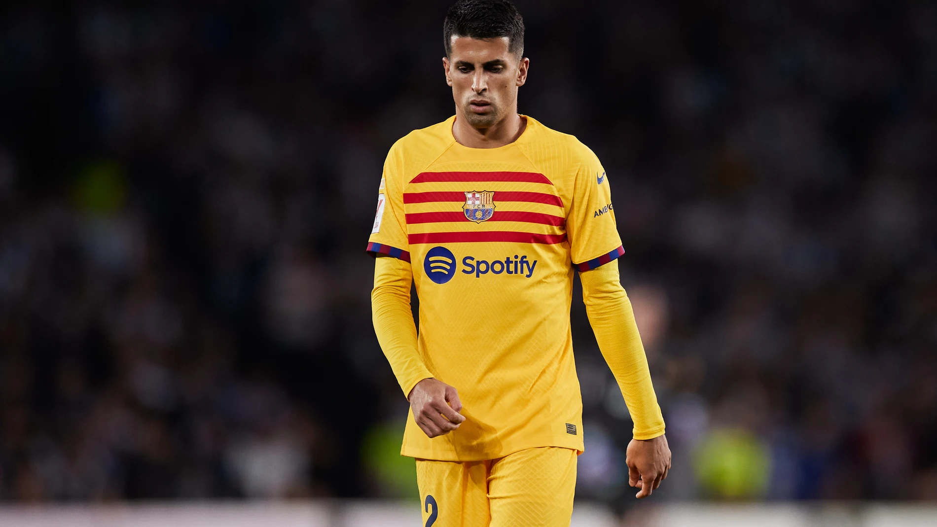 Joao Cancelo of FC Barcelona reacts during the LaLiga EA Sports match between Real Sociedad and FC Barcelona at Reale Arena on November 4, 2023, in San Sebastian, Spain. AFP7 04/11/2023 ONLY FOR USE IN SPAIN