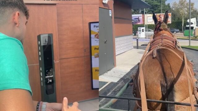 Joven pide comida en un autoservicio con su caballo