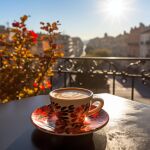 Plano detalle de una taza de café en una terraza