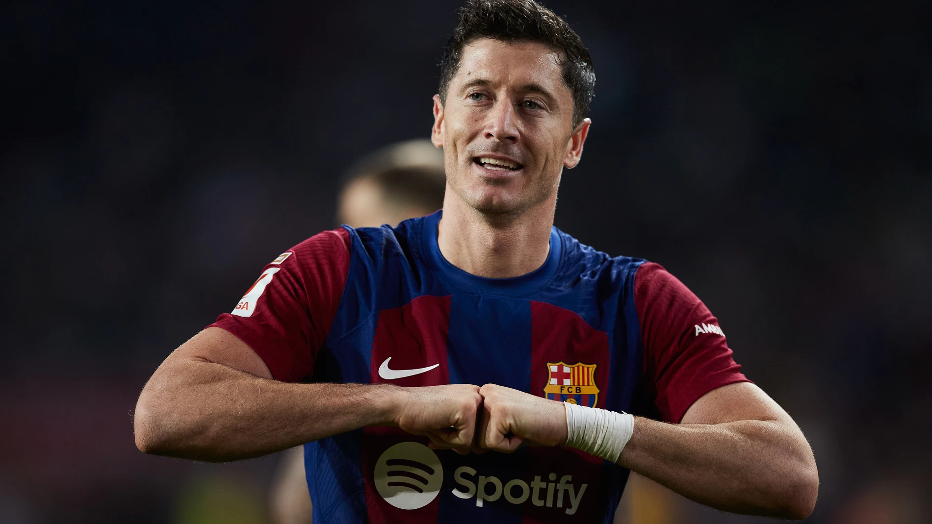 Robert Lewandowski of FC Barcelona reacts after scoring goal during the LaLiga EA Sports match between FC Barcelona and Deportivo Alaves at Estadi Olimpic Lluis Companys on November 12, 2023, in Barcelona, Spain. AFP7 12/11/2023 ONLY FOR USE IN SPAIN