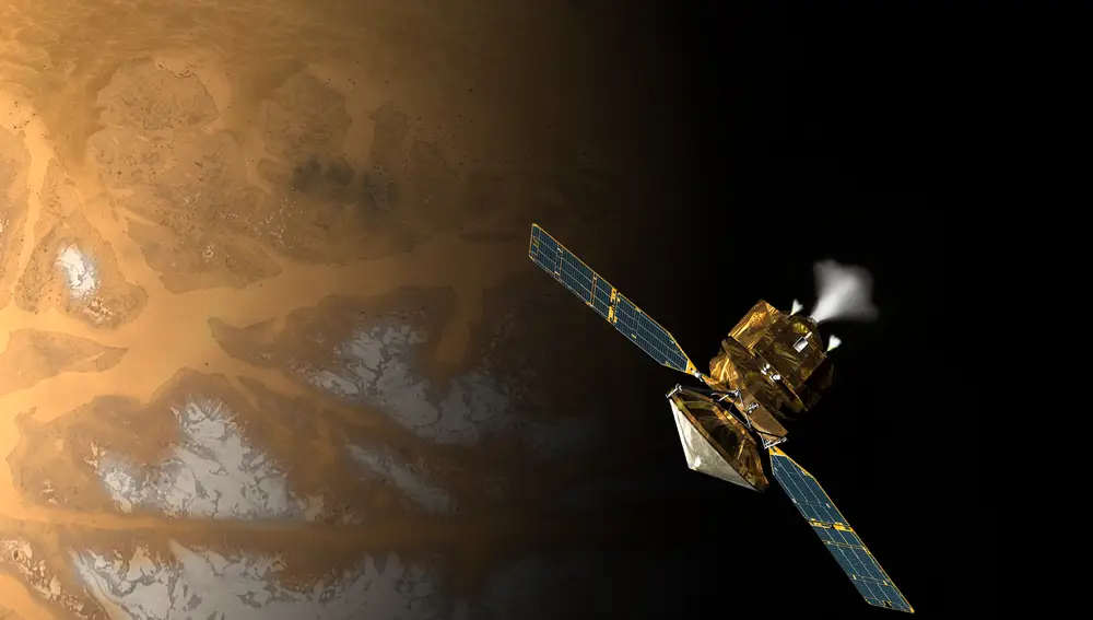 Recreación del orbitador Mars Reconnaissance sobre Marte. 