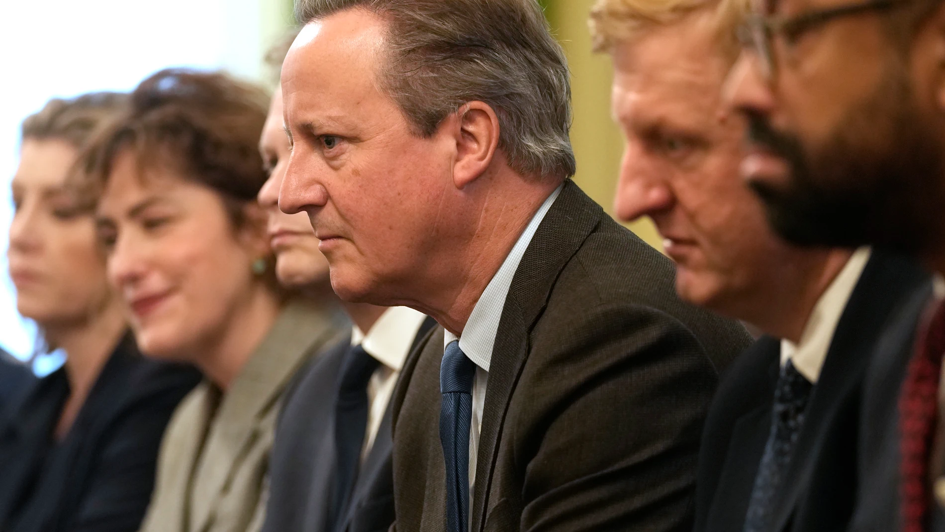 The new British Foreign Secretary David Cameron, third right attends a Cabinet meeting inside 10 Downing Street in London, Tuesday, Nov. 14, 2023. Cameron a former Prime Minister, was brought back into the cabinet during reshuffle by Prime Minister Rishi Sunak, on Monday. (AP Photo/Kin Cheung,Pool)