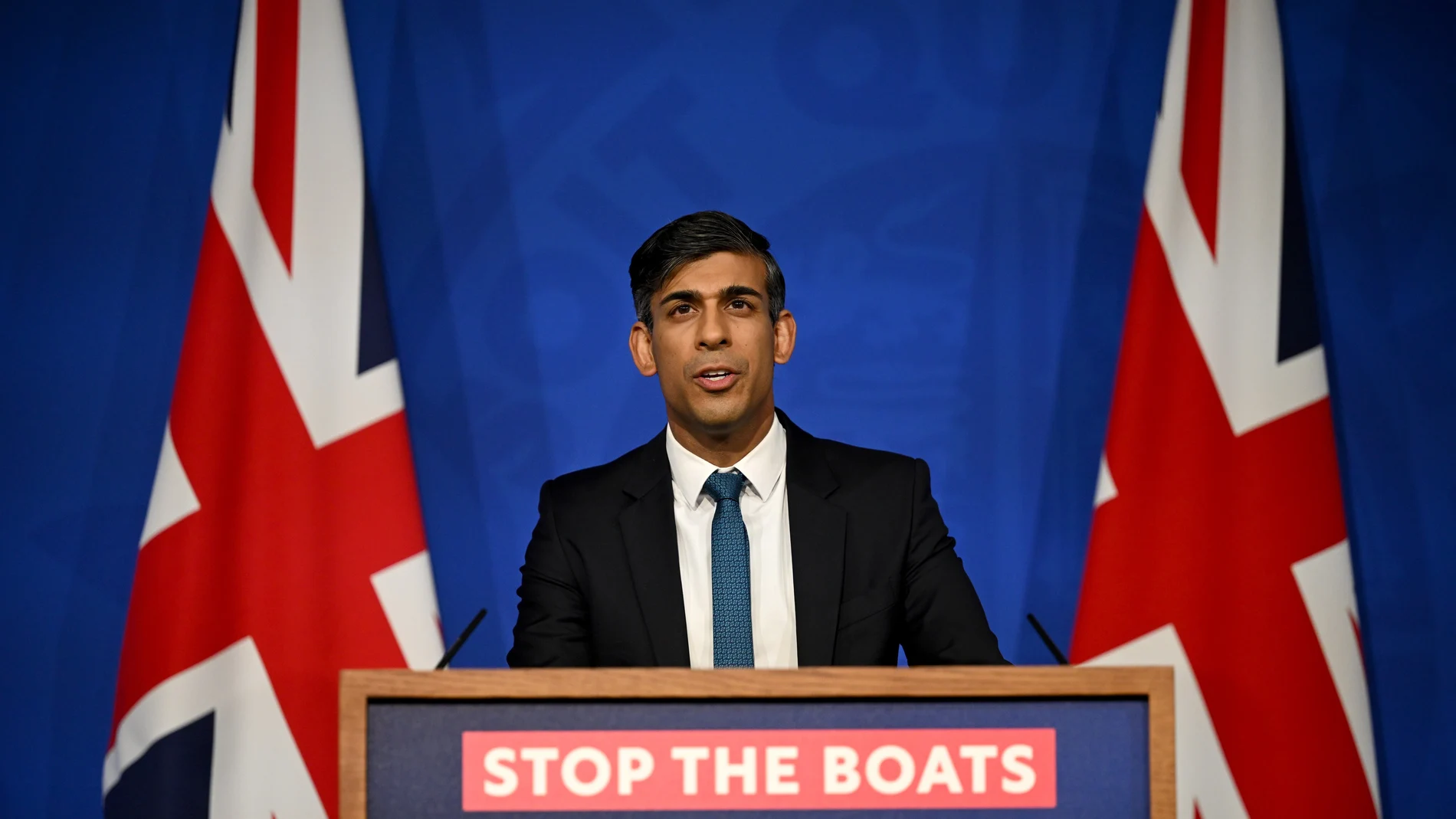 UK Prime Minister Rishi Sunak speaks during a press conference in Downing Street, in response to the Supreme Court ruling that the Rwanda asylum policy is unlawful. 