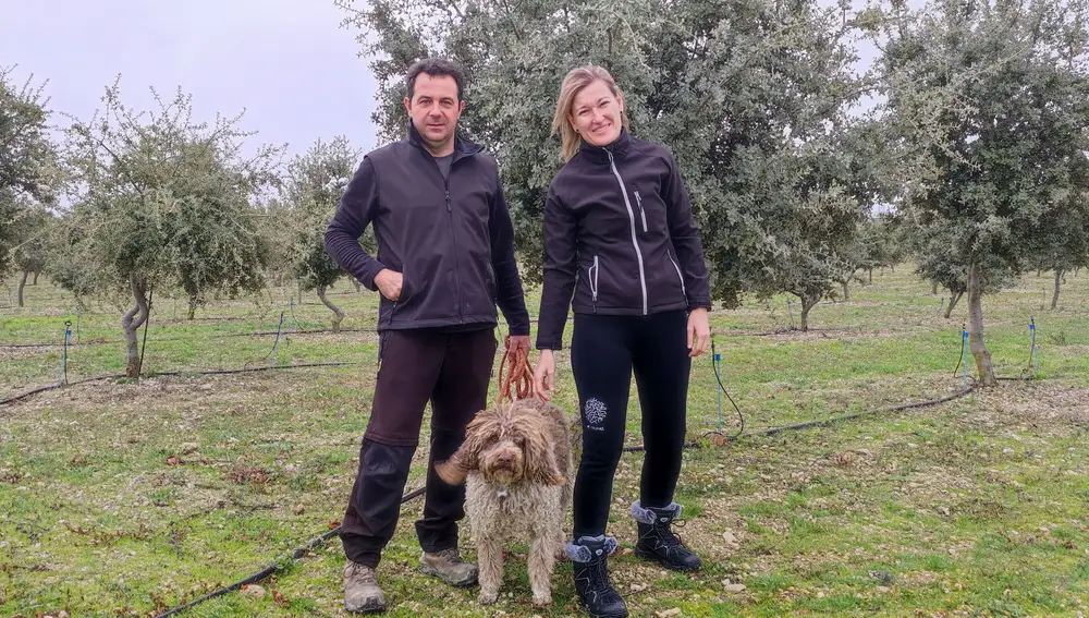Raquel y Fernando posan con su perro de agua Lucas en la plantación de encinas ecológicas que tienen en Canalejas de Peñafiel