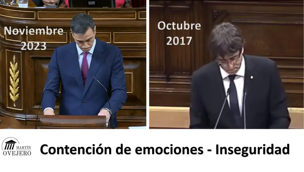 Comparación de la expresión corporal de Sánchez el lunes y de Puigdemont el día que se aprobó el referéndum ilegal en el Parlament