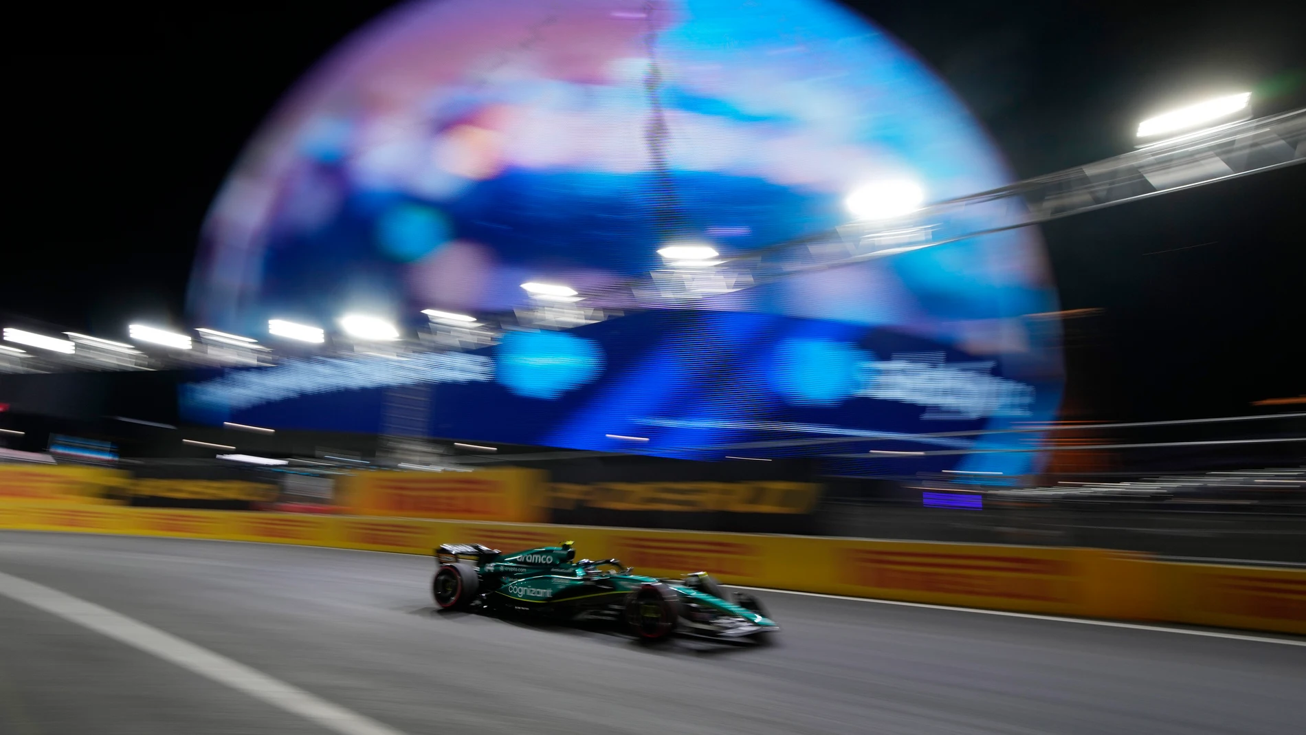 Aston Martin driver Fernando Alonso, of Spain, drives during the first practice session for the Formula One Las Vegas Grand Prix auto race, Thursday, Nov. 16, 2023, in Las Vegas. (AP Photo/John Locher)