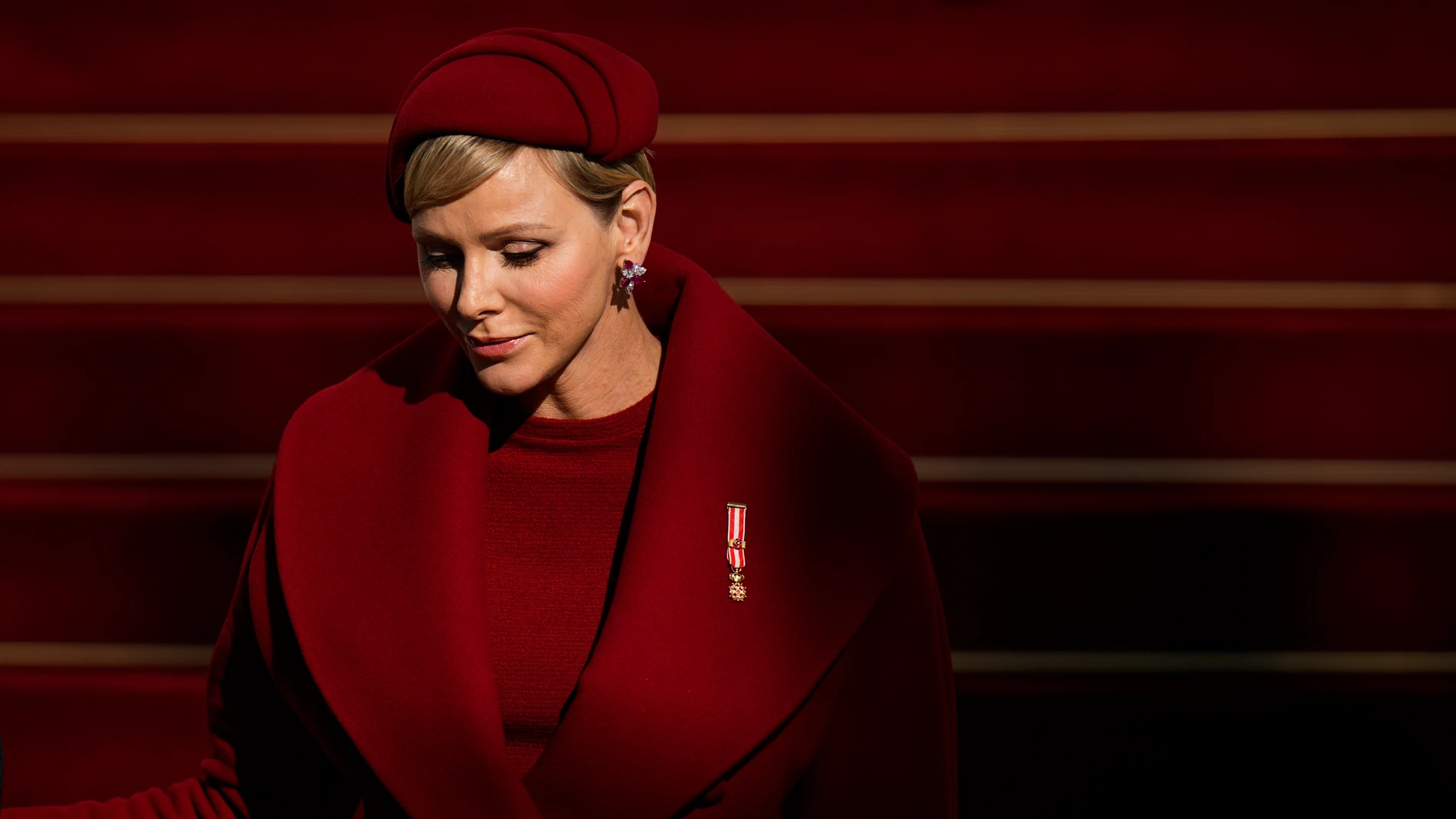 Princess Charlene leaves a mass ceremony at the Monaco cathedral, part of ceremonies marking National Day, in Monaco, Sunday Nov. 19, 2023. (AP Photo/Daniel Cole)