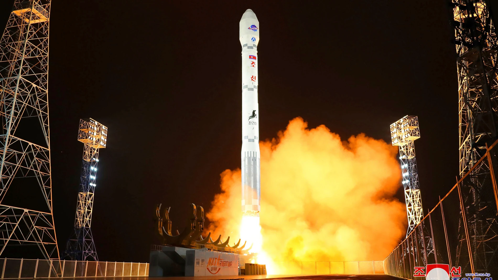 This photo provided by the North Korean government shows what the country said is the launch of the Malligyong-1, a military spy satellite, into orbit on Tuesday, Nov. 21, 2023. Independent journalists were not given access to cover the event depicted in this image distributed by the North Korean government. The content of this image is as provided and cannot be independently verified. Korean language watermark on image as provided by source reads: “KCNA” which is the abbreviation for Korean ...