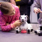 Una niña juega con un perro robot