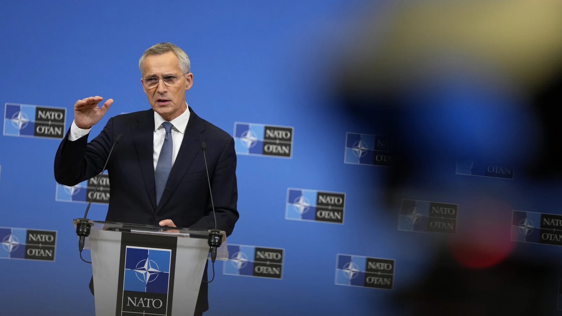 NATO Secretary General Jens Stoltenberg speaks during a media conference at NATO headquarters in Brussels, Monday, Nov. 27, 2023. (AP Photo/Virginia Mayo)