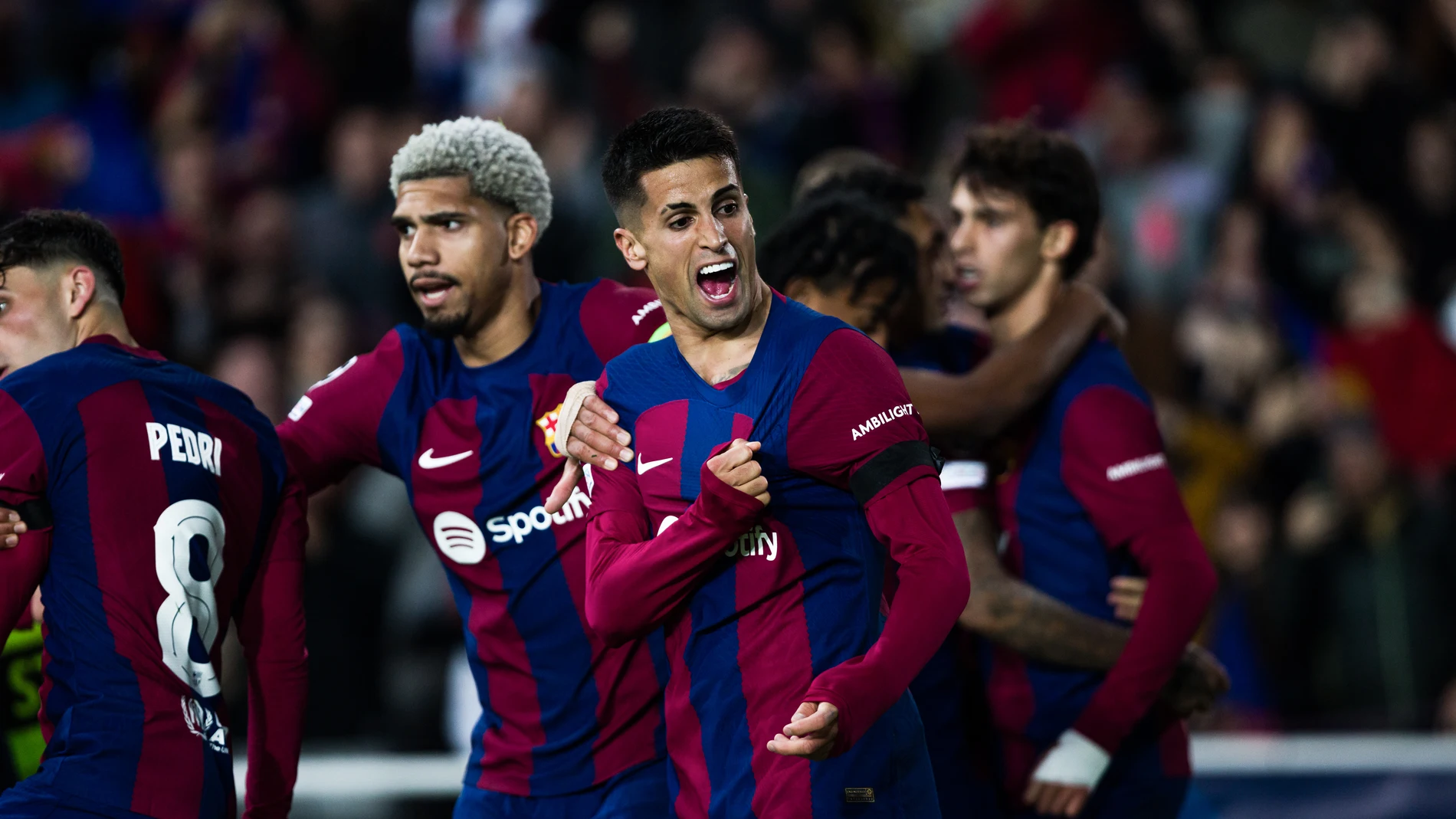 Joao Cancelo of FC Barcelona celebrates a goal during the UEFA Champions League Group H, match played between FC Barcelona and FC Porto at Olimpic de Montjuic stadium on November 28, 2023 in Barcelona, Spain. AFP7 28/11/2023 ONLY FOR USE IN SPAIN