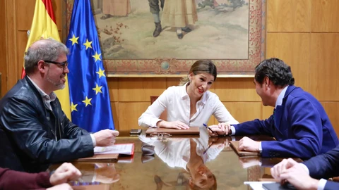 Madrid. 22/1/20. Reunión de Yolanda Díaz con Garamendi, prevé de laCEOE, Pepe Álvarez, de UGT, Unai Sordo de CCOO y Cuervo de CEPYME.