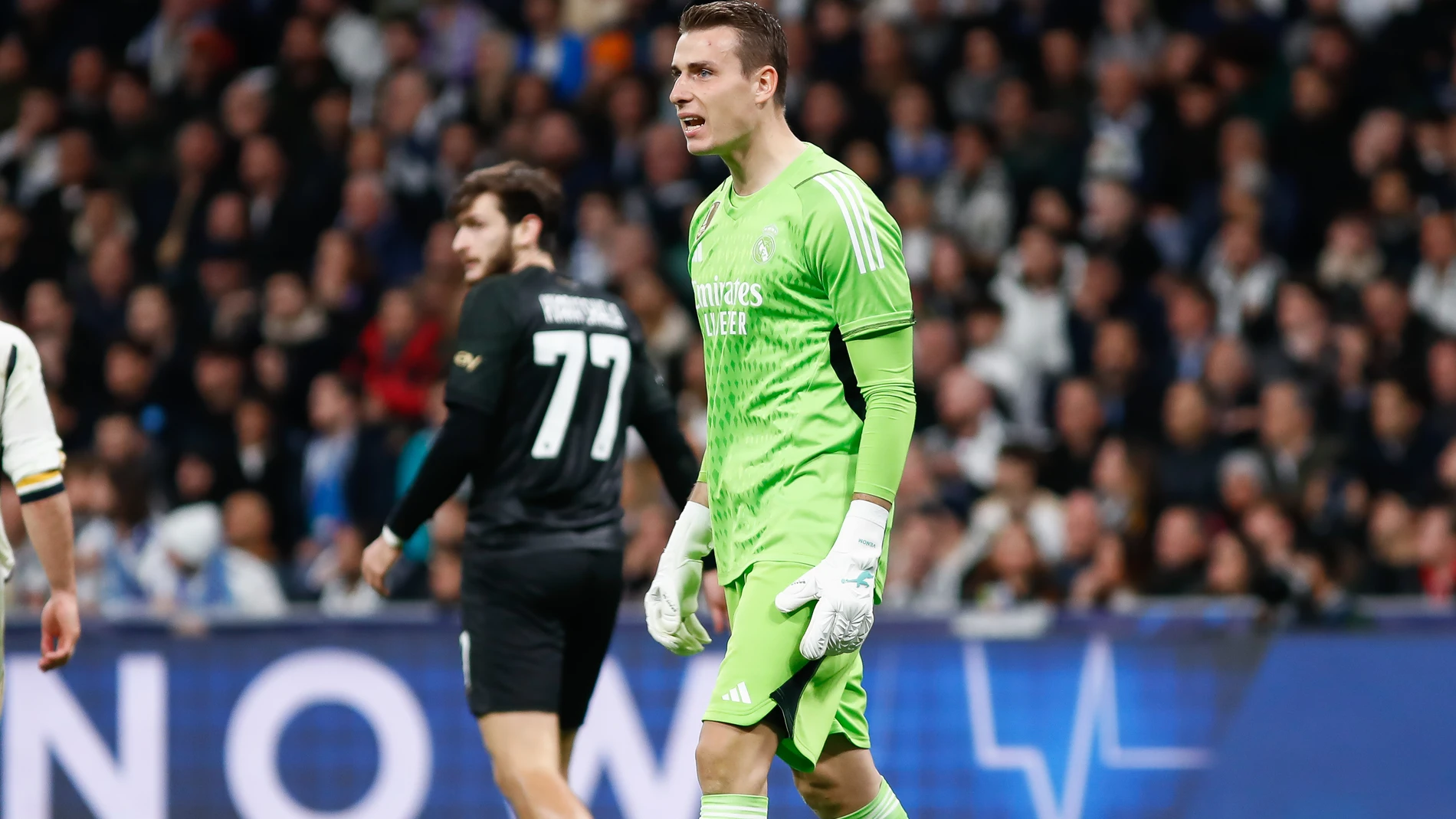 Andriy Lunin of Real Madrid gestures during the UEFA Champions League, Group C, football match played between Real Madrid and SSC Napoli at Santiago Bernabeu stadium on November 29, 2023, in Madrid, Spain. AFP7 29/11/2023 ONLY FOR USE IN SPAIN
