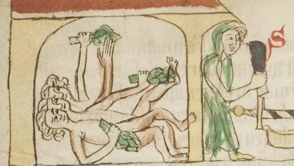 Esta ilustración muestra cómo las personas se lavaban la piel con ramas