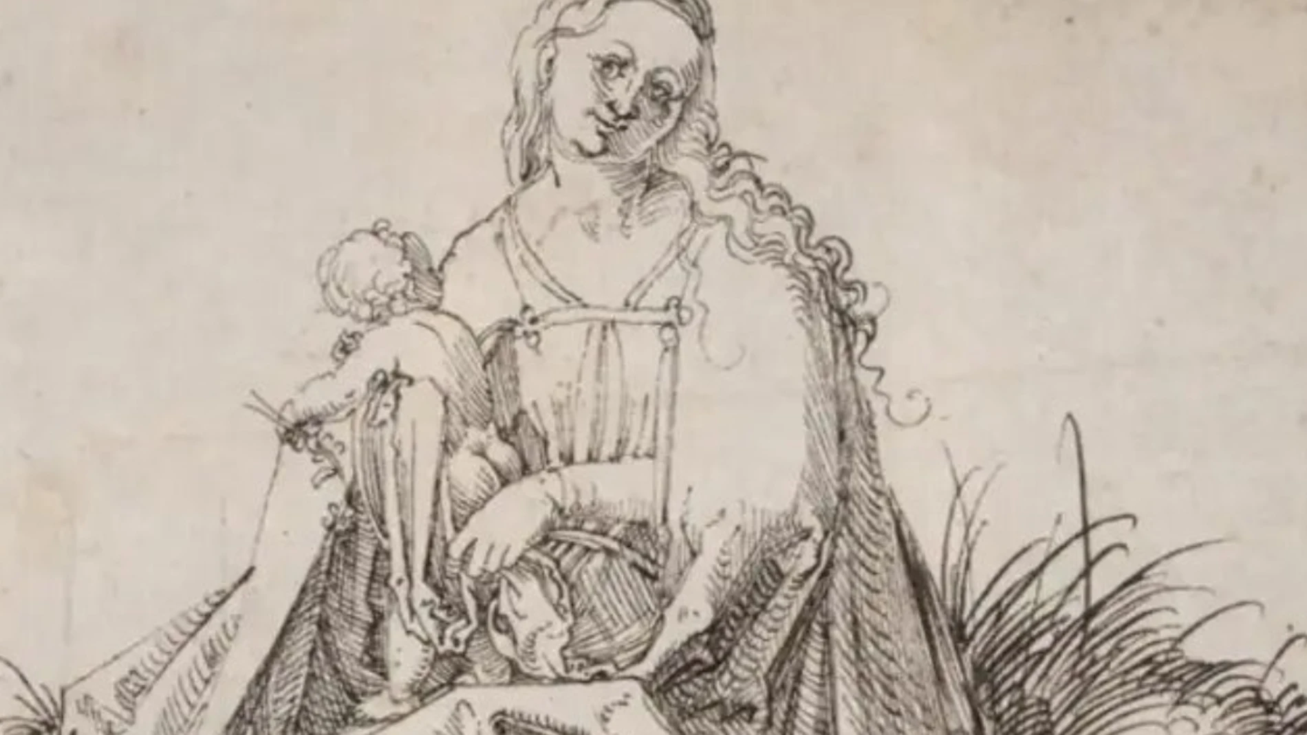 'La Virgen y el niño con una flor en un banco con hierba' del artista Alberto Durero