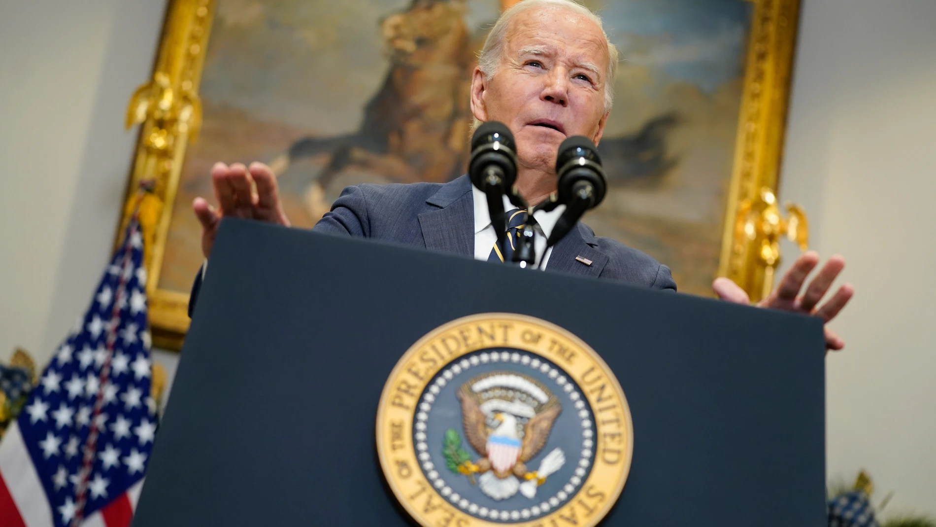 President Joe Biden delivers remarks on funding for Ukraine from the Roosevelt Room of the White House, Wednesday, Dec. 6, 2023, in Washington. (AP Photo/Evan Vucci)