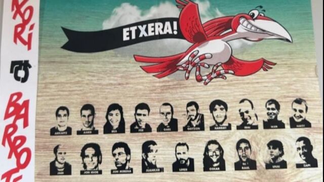 Pegatina repartida en la caseta de "Txori Barrote" con la foto de los 19 etarras
