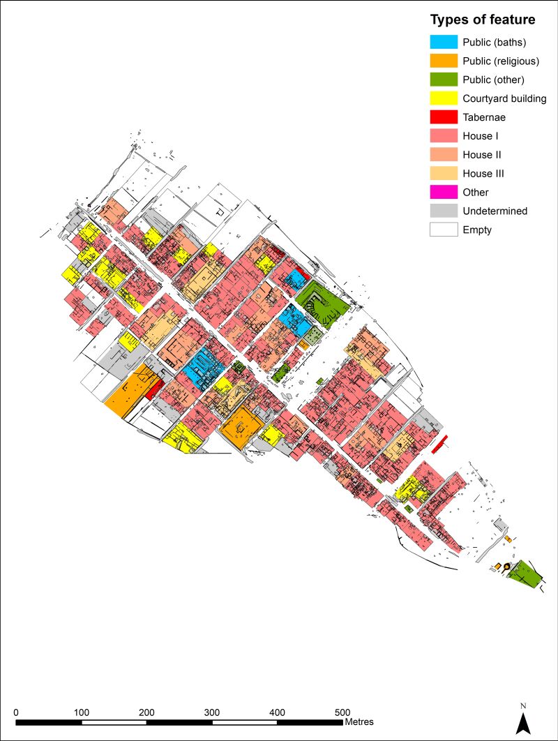 Plano de Interamna Lirenas que muestra la distribución de los distintos tipos de edificios.