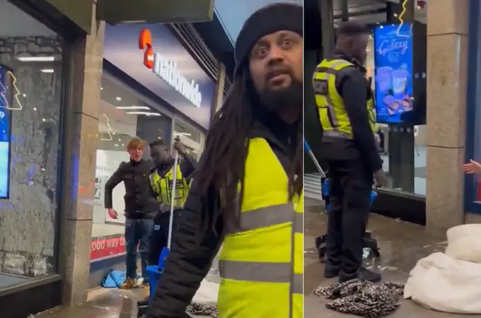 Un guardia de seguridad de McDonald's moja el saco de dormir de un mendigo para echarlo del lugar
