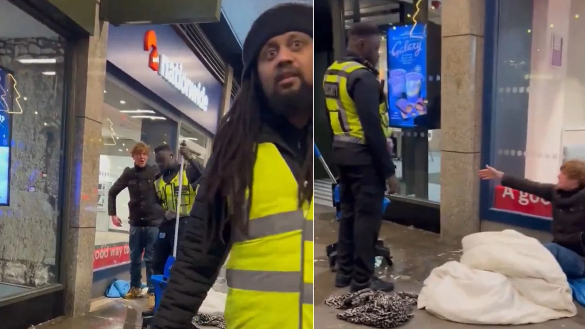 Un guardia de seguridad de McDonald's moja el saco de dormir de un mendigo para echarlo del lugar