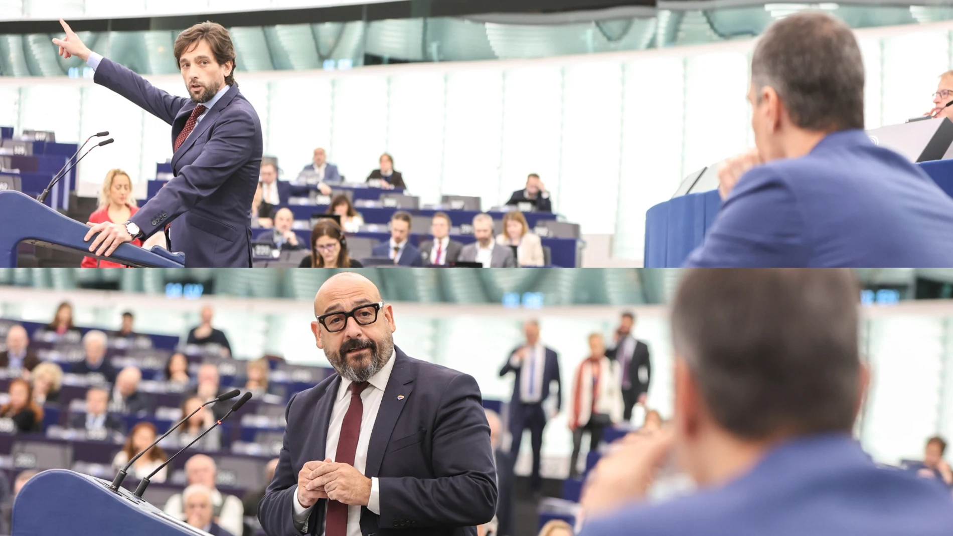 Los eurodiputados de Ciudadanos, Adrián Vázquez y Jordi Cañas, miran a los ojos a Sánchez durante su intervención