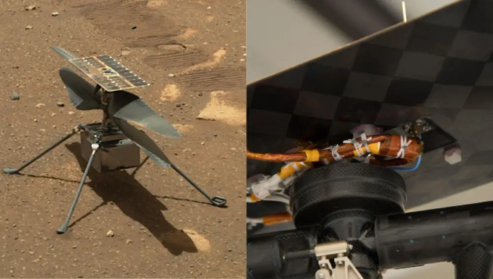 A la izquierda Ingenuity en Marte. A la derecha, un trozo de tela del ala del Wright Flyer adherido a la parte inferior del panel solar del Ingenuity.