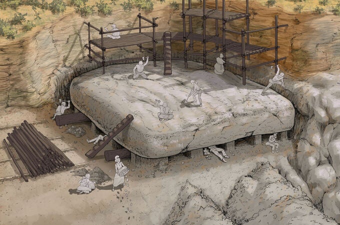Recreación del momento de la construcción del dolmen