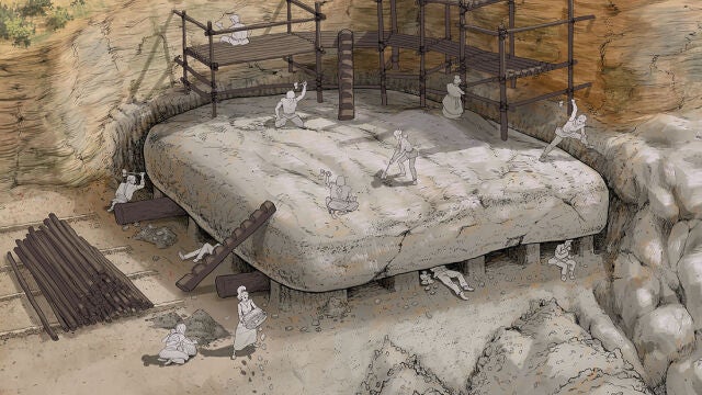 Recreación del momento de la construcción del dolmen