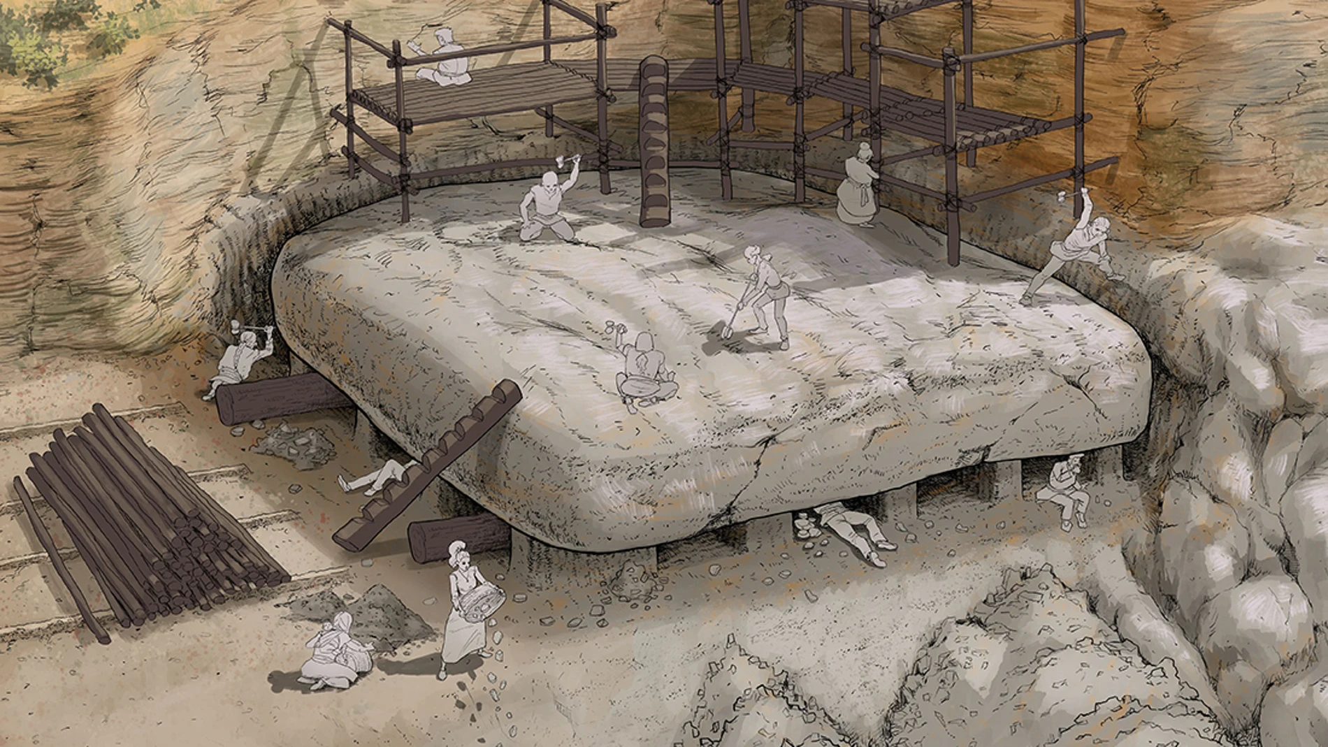 Recreación del momento de la construcción del dolmen