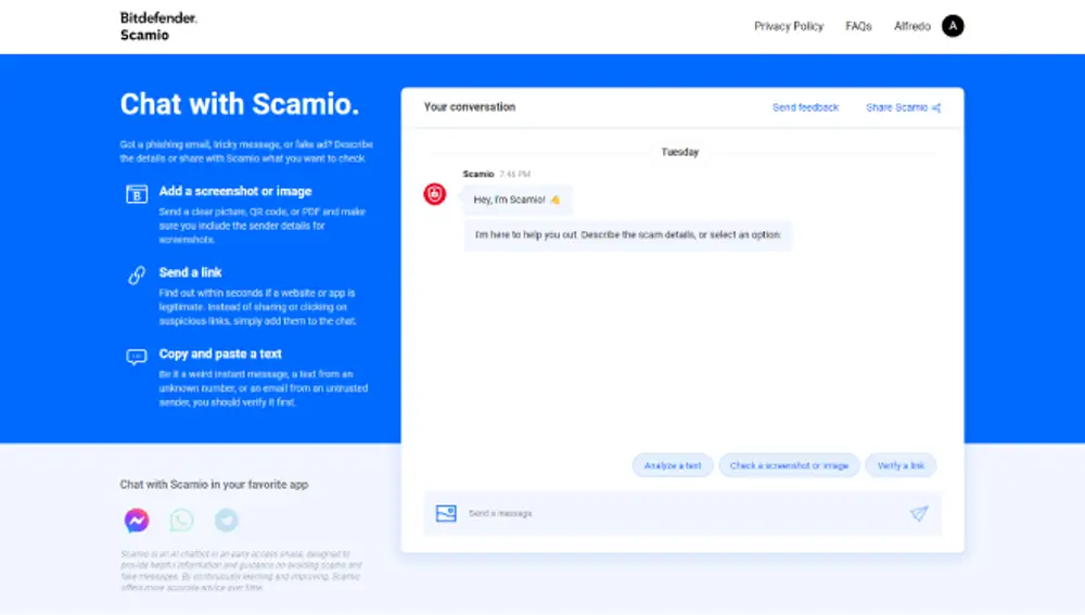 Interfaz de Scamio en web.