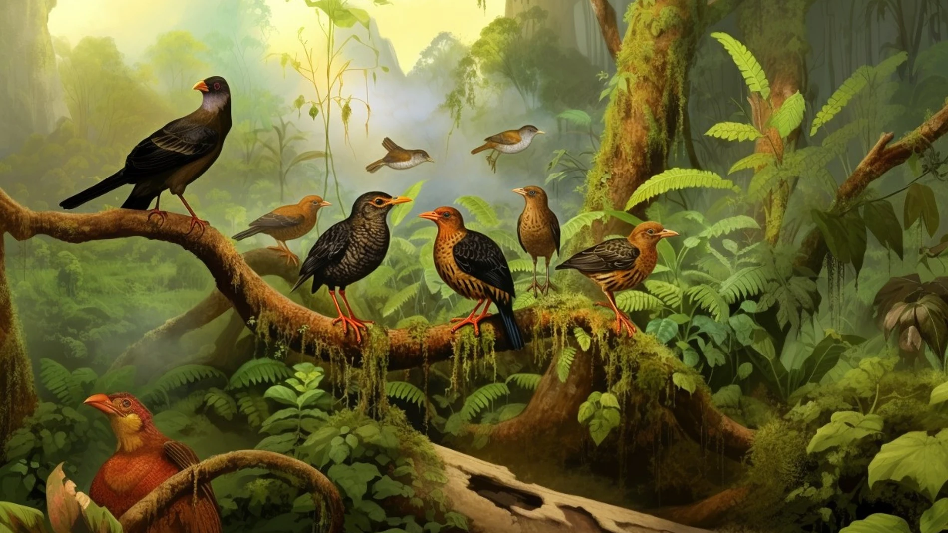 Una imagen generada por IA de cómo podrían haber sido las aves extintas desconocidas generada por la institución donde se realizó la investigación, no por este periódico.