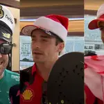 Fernando Alonso con una gorra de capitán de barco, Leclerc con una pala de padel y Carlos Sainz con un bañador con chiles en el &#39;Secret Santa&#39; de la F1