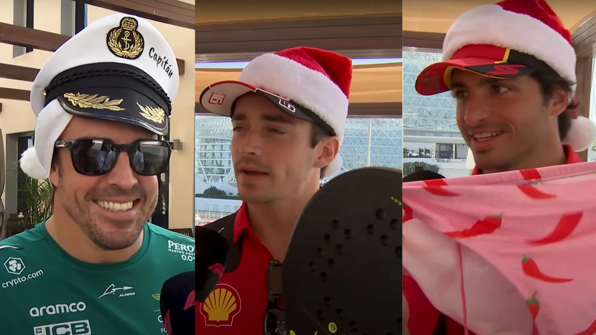 Fernando Alonso con una gorra de capitán de barco, Leclerc con una pala de padel y Carlos Sainz con un bañador con chiles en el 'Secret Santa' de la F1
