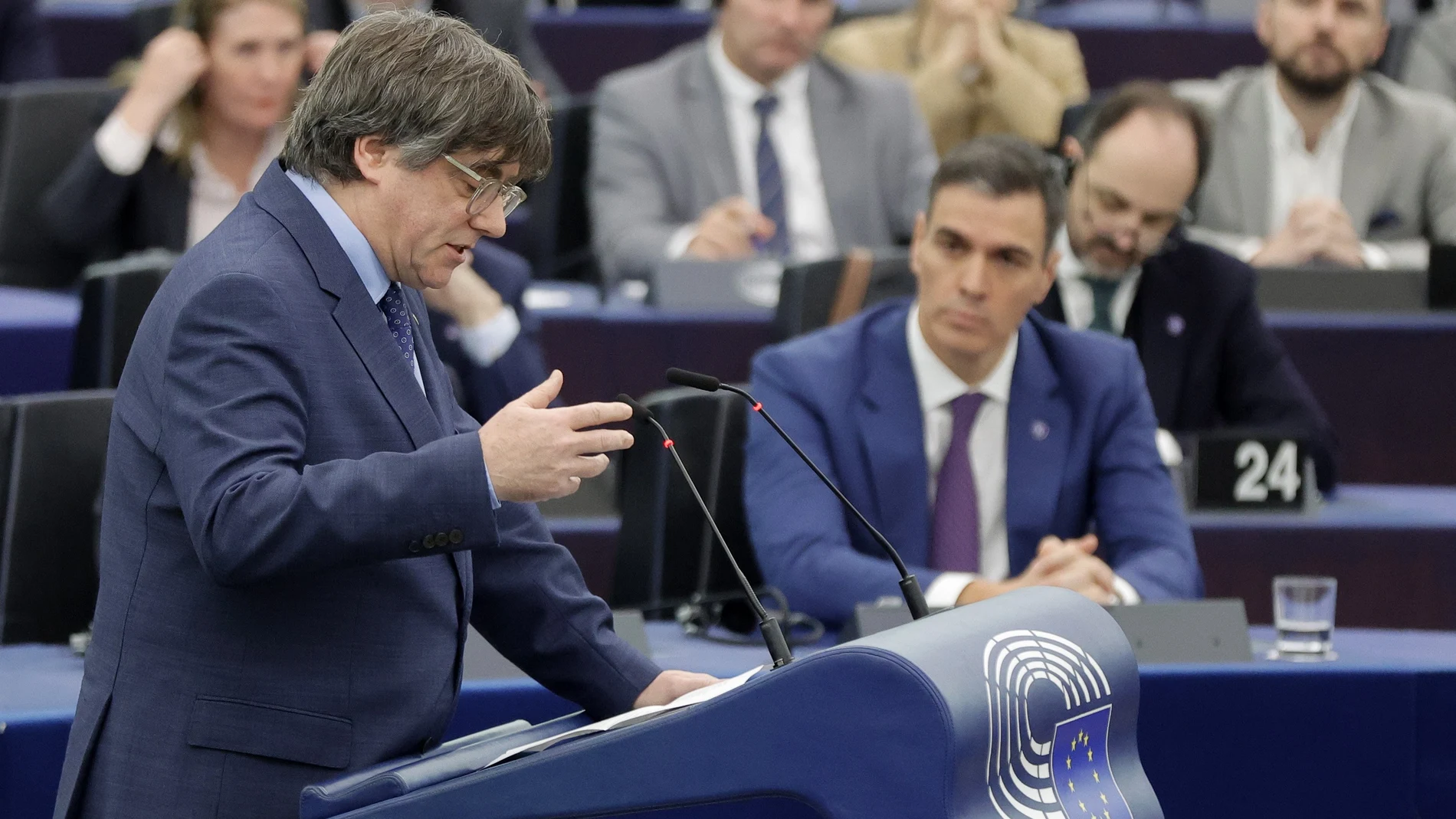 Former Catalan regional premier Carles Puigdemont speaks during a debate on 'Review of the Spanish Presidency of the Council' at the European Parliament in Strasbourg, France, 13 December 2023