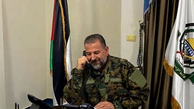 An undated handout picture shows Palestinian Saleh al-Arouri, Hamas deputy leader and a founding commander of its military wing (the Izz al-Din al-Qassam Brigades), speaks on the phone. Al-Aruri has been killed in a blast in Beirut. 