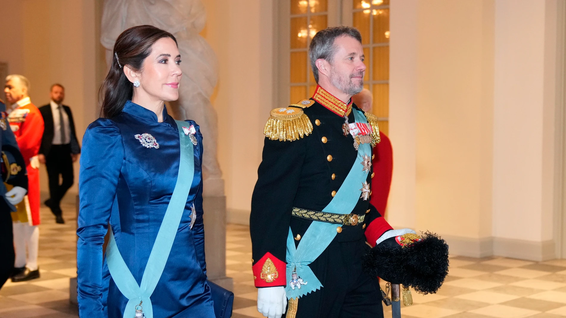 Copenhagen (Denmark), 03/01/2024.- Denmark's Crown Prince Frederik (R) and Crown Princess Mary arrive to greet the diplomatic corps on the occasion of the New Year at Christiansborg Palace in Copenhagen, Denmark, 03 January 2024. Queen Margrethe II, 83, who has reigned for 52 years, on 31 December 2023 announced that she would step down as regent on 14 January 2024, the 52nd anniversary of her accession to the throne. Her son, Crown Prince Frederik, will take over the throne as King Frederik ...