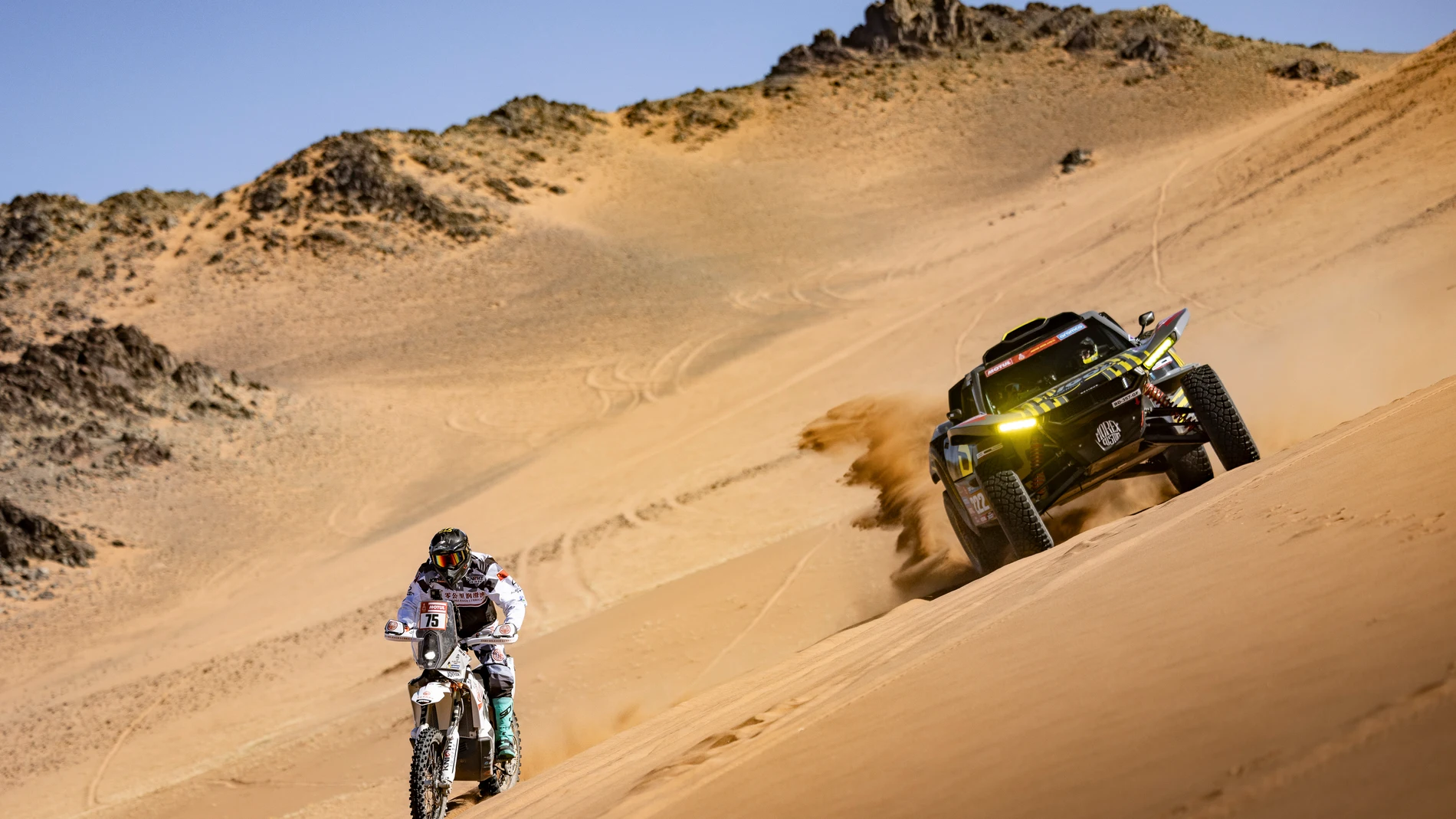 75 MIN Zhang (chn), Wu Pu Da Hai Dao Rally Team, KTM, Moto, 222 VITSE Simon (fra), LEFEBVRE Frédéric (fra), MD Rallye Sport, MD Optimus, FIA Ultimate, action during the Private Test of the Dakar 2024 from January 2 to 3, 2024 in Al-Ula, Saudi Arabia - Photo Marcin Kin / DPPIAFP7 03/01/2024 ONLY FOR USE IN SPAIN