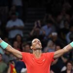  Rafael Nadal of Spain celebrates winning against Dominic Thiem of Austria on Day 3 of the 2024.