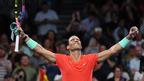 Rafael Nadal of Spain celebrates winning against Dominic Thiem of Austria on Day 3 of the 2024.