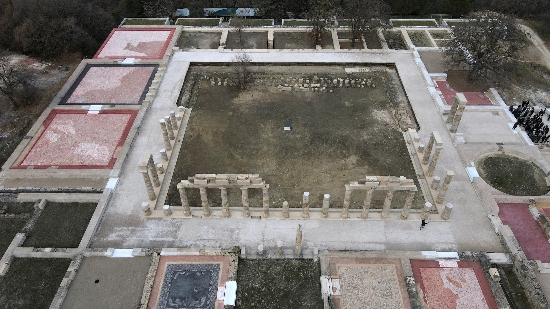 The Palace of Aigai, built more than 2,300 years ago during the reign of Alexander the Great's father, is seen from above after it fully reopened in ancient Aigai, some 65 kilometers (40 miles) southwest of the port city of Thessaloniki, northern Greece, on Friday, Jan. 5, 2024. It was the largest building of classical Greece: The palace where Alexander the Great was proclaimed king before he launched a conquest that took him as far as modern-day Afghanistan. (AP Photo/Giannis Papanikos)