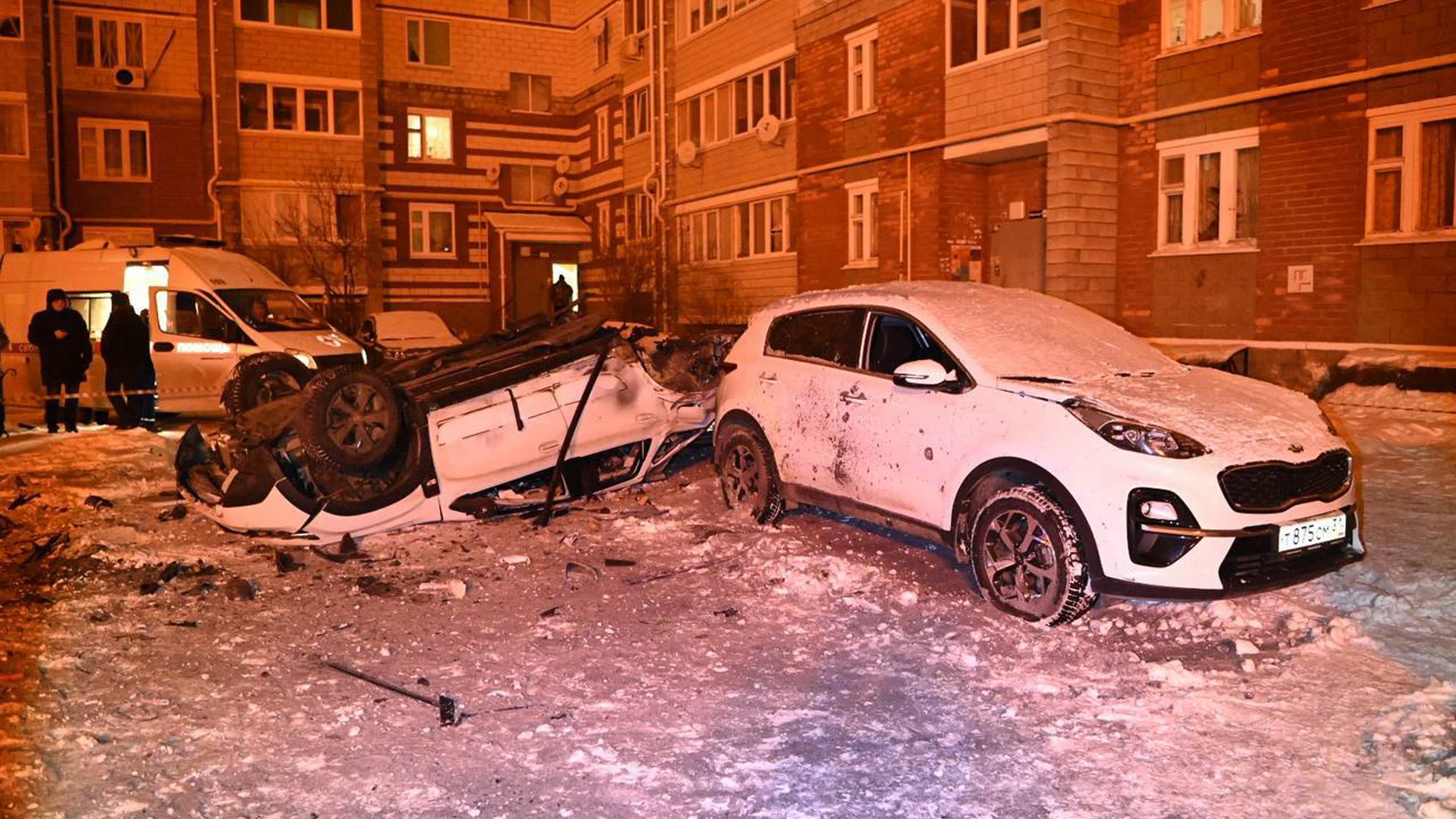 Belgorod (Russian Federation), 05/01/2024.- A handout photo made available by the official telegram channel of Mayor of Belgorod Valentin Demidov shows damaged cars after shelling in Belgorod, Russia, 05 January 2024. Two people were injured due to shelling by the Ukrainian Armed Forces, Mayor of Belgorod Valentin Demidov wrote on telegram. On 24 February 2022, Russian troops entered Ukrainian territory in what the Russian president declared a 'special military operation', starting an armed c...