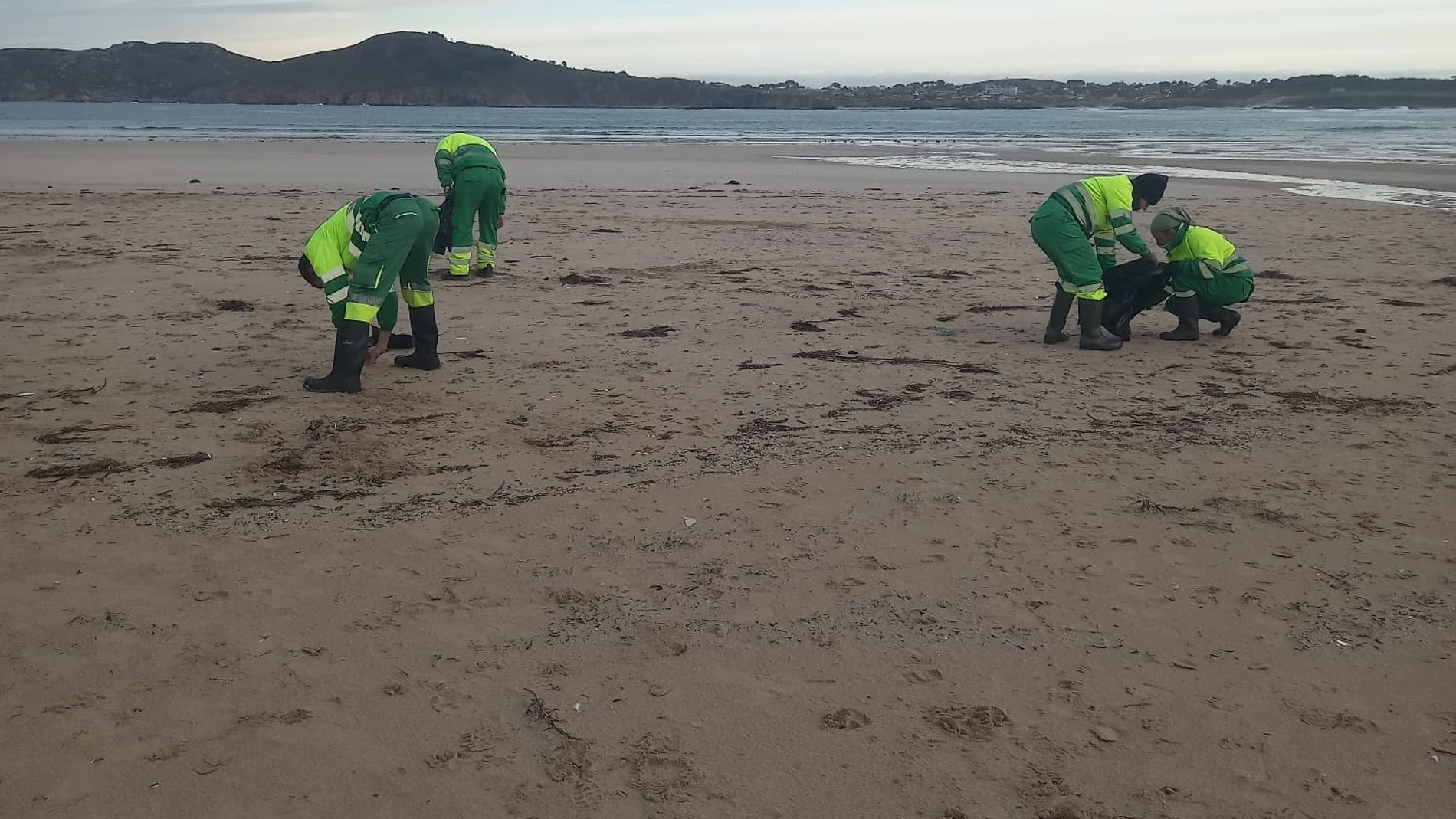 Una brigada recogiendo pellets en la playa de San Jorge (Ferrol).