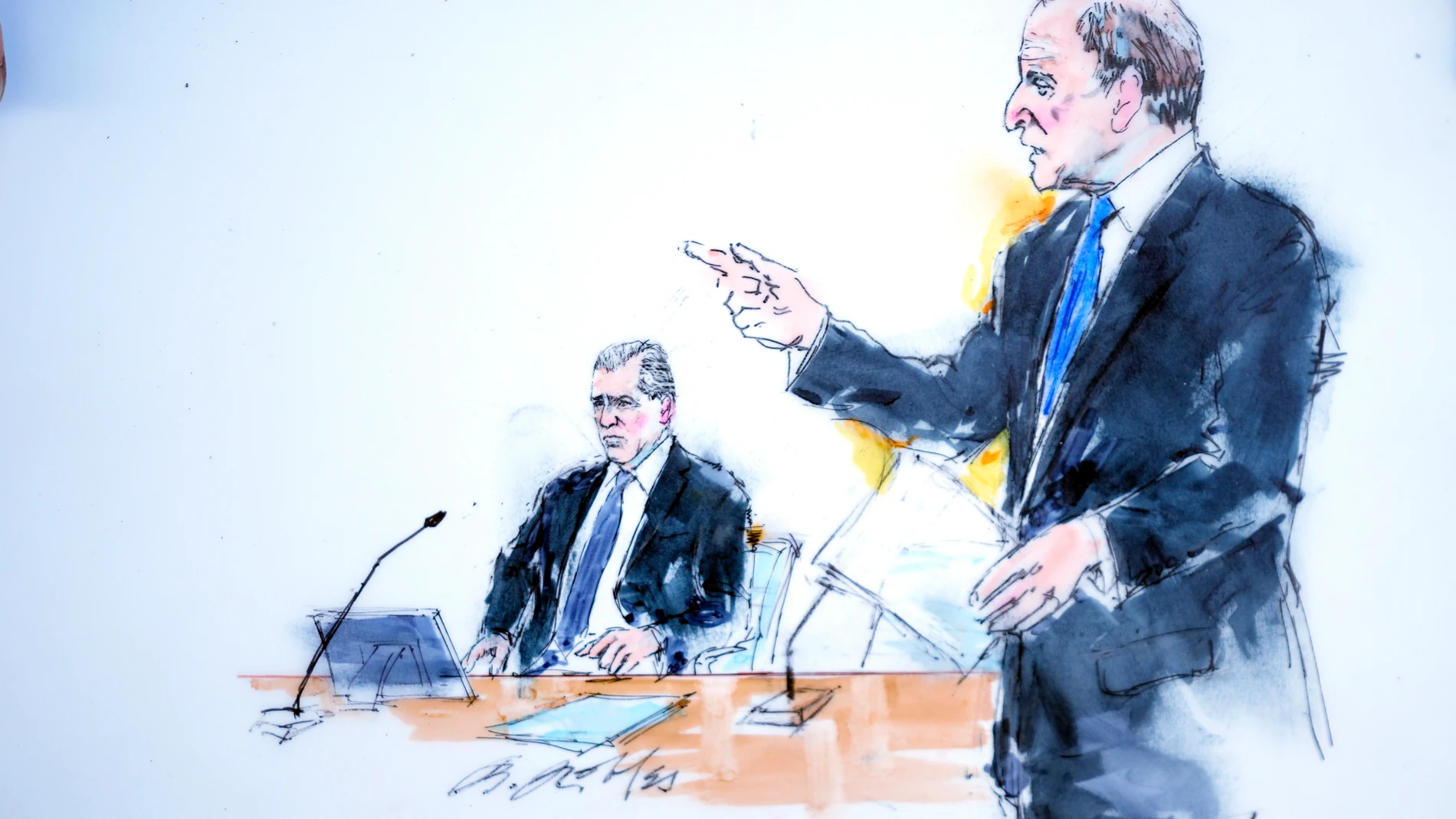 In this courtroom sketch, President Joe Biden's son Hunter Biden, left, appears alongside attorney Abbe Lowell, right, in federal court, Thursday, Jan. 11, 2024, in Los Angeles. Biden pleaded not guilty Thursday to federal tax charges filed after the collapse of a plea deal that could have spared him the spectacle of a criminal trial during the 2024 campaign. (Bill Robles via AP)