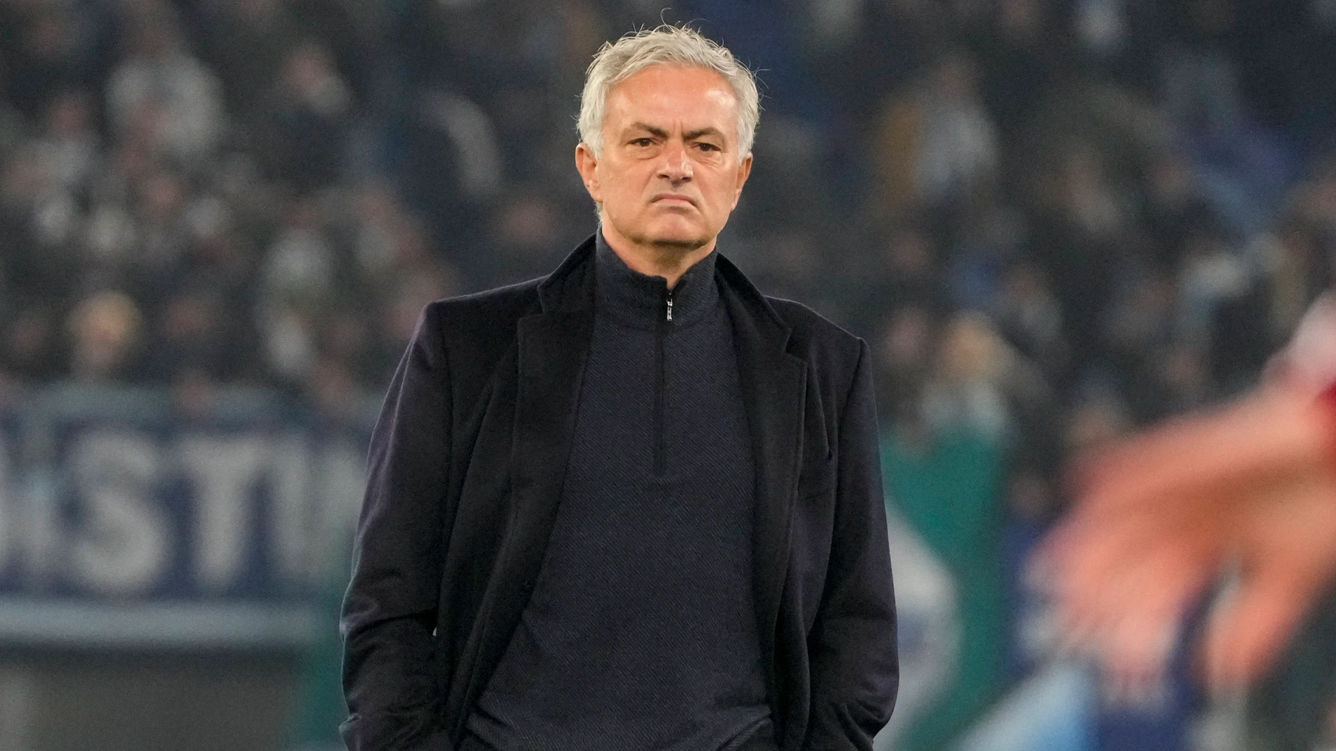 FILE - Roma's head coach Jose Mourinho stands on the pitch during his team's warm up ahead of the quarterfinal Italian Cup soccer match between Lazio and Roma at Rome's Olympic Stadium, Wednesday, Jan. 10, 2024. Roma has announced on Tuesday, Jan. 16, 2024 that José Mourinho is leaving the club “with immediate effect.” (AP Photo/Gregorio Borgia, File)