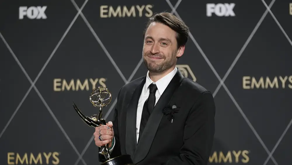Kieran Culkin, winner of the award for outstanding lead actor in a drama series for &quot;Succession,&quot; poses in the press room during the 75th Primetime Emmy Awards on Monday, Jan. 15, 2024, at the Peacock Theater in Los Angeles.