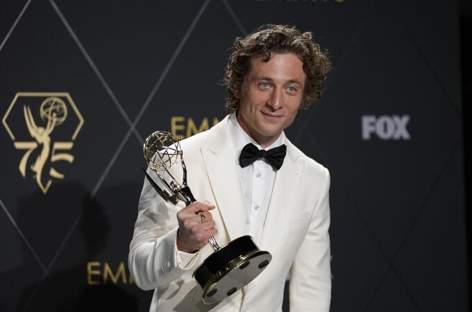 Jeremy Allen White, winner of the award for outstanding lead actor in a comedy series for "The Bear," poses in the press room during the 75th Primetime Emmy Awards on Monday, Jan. 15, 2024, at the Peacock Theater in Los Angeles. 